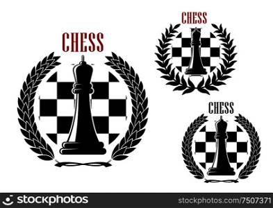 Chess tournament or club icons with black queens on checkered background, framed by laurel wreaths. Chess icons with black queens