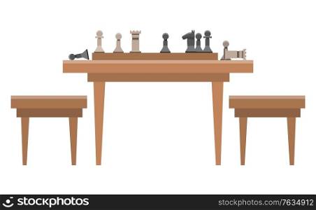 Chess two player strategy game played on checkered board. Playing pieces are divided into white and black sets. Wooden table with checkerboard and figures, and chairs. Vector illustration flat style. Strategy Game Chess, Checkered Board and Figures
