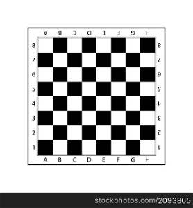 Chessboard for game. Table of chess board. Pattern of chess. Black-white checkerboard texture. Chessboard with letters and numbers. Wood square for checkmate. Icon of table. Vector.