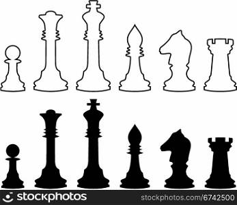 Chessmen, black and white contours. A vector illustration. It is isolated on a white background.
