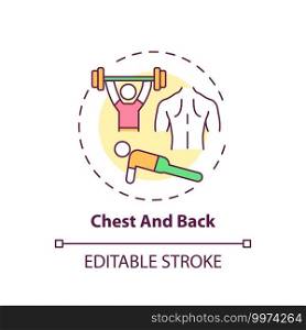 Chest and back concept icon. Physical training type idea thin line illustration. Muscle growth and strength. Lifting heavy weights. Vector isolated outline RGB color drawing. Editable stroke. Chest and back concept icon