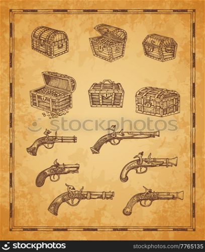 Chest and musket gun vector sketch, vintage map elements of pirate treasures. Map of treasure island with icon of chest with golden coin and pistol guns of sailor or corsair and filibuster captain. Chest and musket gun sketch, vintage map elements