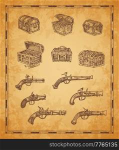 Chest and musket gun vector sketch, vintage map elements of pirate treasures. Map of treasure island with icon of chest with golden coin and pistol guns of sailor or corsair and filibuster captain. Chest and musket gun sketch, vintage map elements