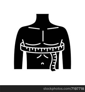 Chest circumference black glyph icon. Male upper body measurements, tailoring parameters silhouette symbol on white space. Man chest width determination for bespoke suit. Vector isolated illustration