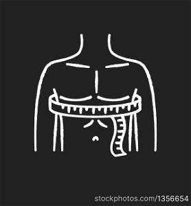 Chest circumference chalk white icon on black background. Male upper body measurements, tailoring parameters. Man chest width determination for bespoke suit. Isolated vector chalkboard illustration