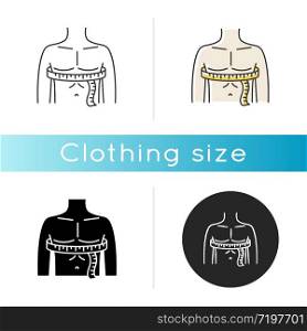 Chest circumference icon. Linear black and RGB color styles. Male upper body measurements, tailoring parameters. Man chest width determination for bespoke suit. Isolated vector illustrations