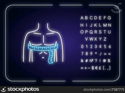 Chest circumference neon light icon. Outer glowing effect. Male upper body measurements, tailoring parameters sign with alphabet, numbers and symbols. Vector isolated RGB color illustration