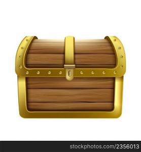 Chest Closed Wooden Container For Money Vector. Vintage Close Wood And Metallic Chest Box For Storage Pirate Hidden Treasures. Crate Safe For Savings Template Realistic 3d Illustration. Chest Closed Wooden Container For Money Vector