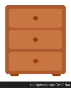 Chest of drawers with brown handles isolated on white. Old wooden commode, bedside table, classic nightstand. Furniture for bedroom. Vector illustration in flat cartoon style. Chest of Drawers, Wooden Commode Vector Image