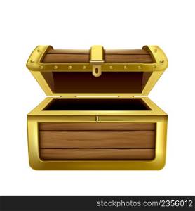 Chest Opened Wooden Container For Treasure Vector. Antique Open And Empty Chest Box For Storaging Money Or Jewellery Accessory. Ancient Crate Safe Template Realistic 3d Illustration. Chest Opened Wooden Container For Treasure Vector