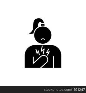 Chest pain glyph icon. Stressed girl. Anxious woman. Heart attack. Healthcare problem. Palpitation. Predmenstrual syndrome symptom. Silhouette symbol. Negative space. Vector isolated illustration