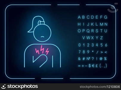 Chest pain neon light icon. Stressed girl. Anxious woman. Heart attack. Healthcare. Predmenstrual syndrome symptom. Glowing sign with alphabet, numbers and symbols. Vector isolated illustration