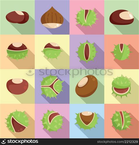 Chestnut icons set flat vector. Horse food. Autumn tree. Chestnut icons set flat vector. Horse food