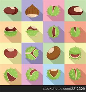 Chestnut icons set flat vector. Horse food. Autumn tree. Chestnut icons set flat vector. Horse food