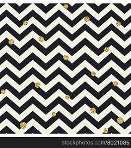 Chevron seamless pattern. Black zigzag lines and golden dots