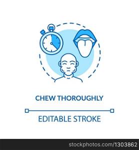 Chew thoroughly concept icon. Conscious nutrition, mindful eating idea thin line illustration. Tasting food essence, enjoying meal. Vector isolated outline RGB color drawing. Editable stroke