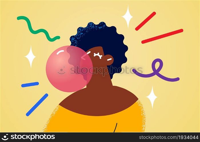 Chewing blowing bubble gum concept. Young black woman cartoon character blowing pink strawberry bubble gum during chewing vector illustration . Chewing blowing bubble gum concept