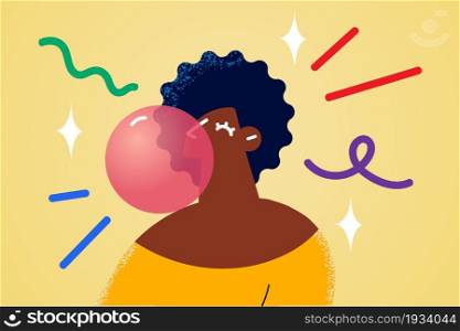 Chewing blowing bubble gum concept. Young black woman cartoon character blowing pink strawberry bubble gum during chewing vector illustration . Chewing blowing bubble gum concept