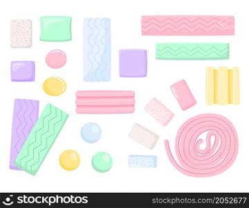 Chewing gum. Cartoon round mint candies and bubblegum pad. Colored candy balls and sticks. Fresh breathing tasty dragee and pillows. Menthol gumball. Vector isolated peppermint dental chewy sweets set. Chewing gum. Cartoon round mint candies and bubblegum pad. Candy balls and sticks. Fresh breathing tasty dragee and pillows. Menthol gumball. Vector peppermint dental chewy sweets set