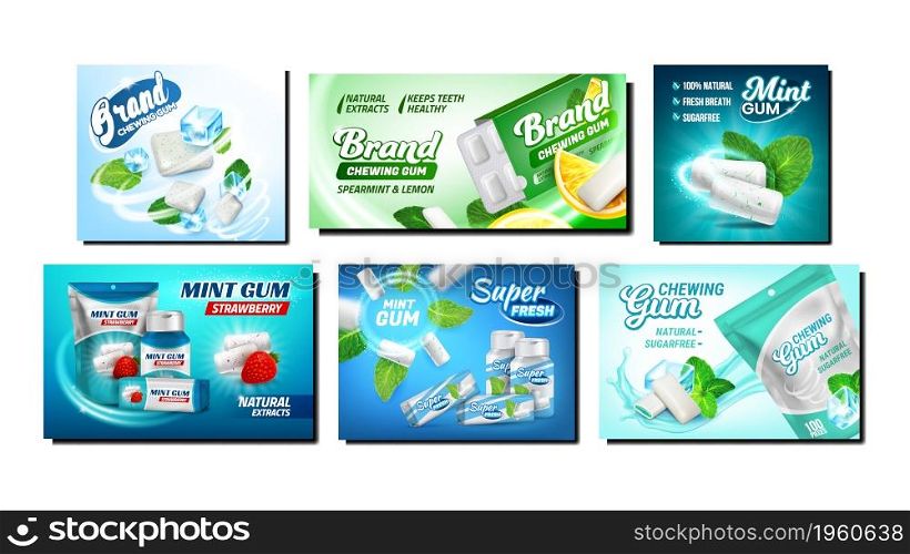 Chewing Gum Creative Promotion Posters Set Vector. Gum With Mint And Strawberry, Spearmint And Lemon Taste Blank Containers And Packages On Advertising Banners. Style Concept Template Illustrations. Chewing Gum Creative Promotion Posters Set Vector