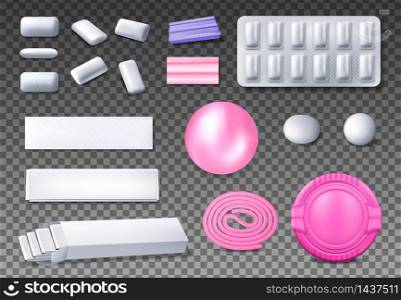 Chewing gum package vector mockups. Realistic bubblegum bubble, blister pack of mint or menthol pads, sticks and ribbon gum, coated dragee, pillows, pellets, tabs, plastic box and foil wrapping paper. Chewing or bubble gum realistic package mockups
