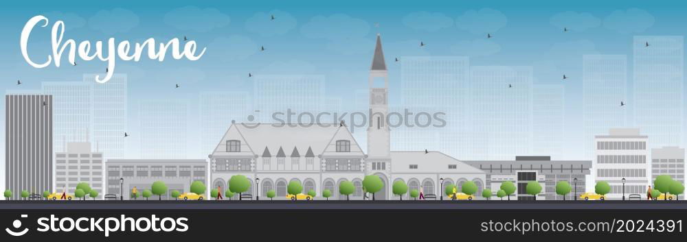 Cheyenne (Wyoming) Skyline with Grey Buildings and Blue Sky. Vector Illustration