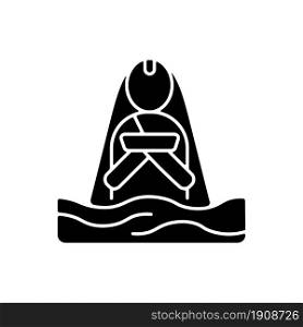 Chhath Puja ancient festival black glyph icon. Praying for wellbeing and wealth. Meditation in water. Chhath Parva. Religious rituals. Silhouette symbol on white space. Vector isolated illustration. Chhath Puja ancient festival black glyph icon