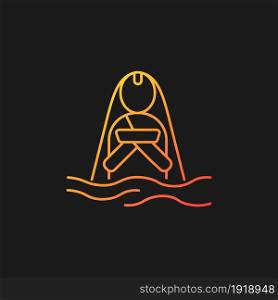 Chhath Puja ancient festival gradient vector icon for dark theme. Praying for wellbeing and wealth. Meditation in water. Thin line color symbol. Modern style pictogram. Vector isolated outline drawing. Chhath Puja ancient festival gradient vector icon for dark theme