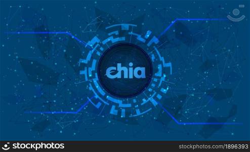 Chia Network XCH token symbol of the DeFi project in a digital circle with a cryptocurrency theme on a blue background. Cryptocurrency icon. Decentralized finance programs. Copy space. Vector EPS10.