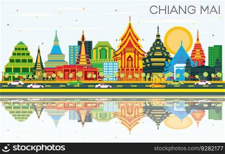 Chiang Mai Thailand City Skyline with Color Buildings, Blue Sky and Reflections. Vector Illustration. Travel and Tourism Concept with Modern Architecture. Chiang Mai Cityscape with Landmarks.