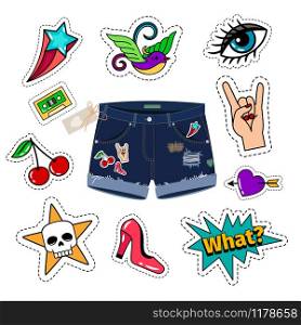 Chic denim clothing. Fashion denim girly shorts with patch set like skull and rock hand, retro eye and sweet cherry vector illustration. Chic denim shorts with patch set