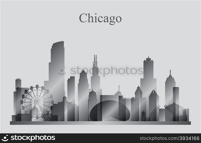 Chicago city skyline silhouette in grayscale, vector illustration
