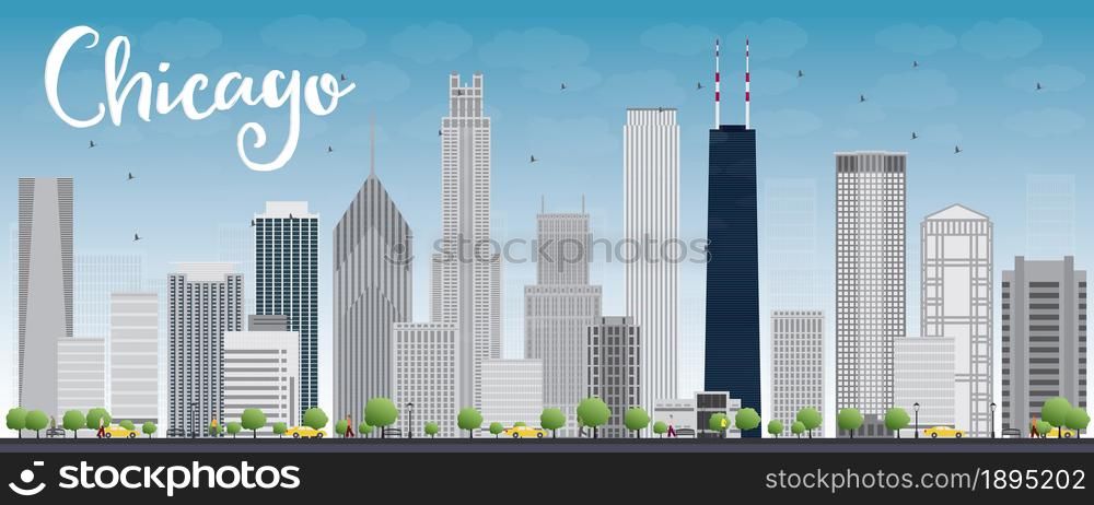Chicago city skyline with grey skyscrapers and blue sky. Vector illustration