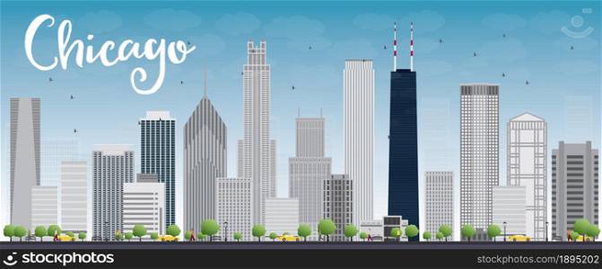Chicago city skyline with grey skyscrapers and blue sky. Vector illustration