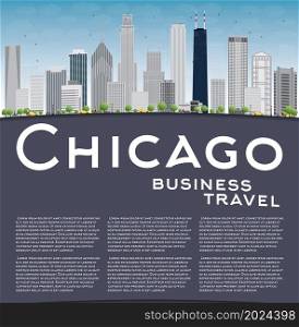 Chicago city skyline with grey skyscrapers, blue sky and copy space. Business travel concept. Vector illustration