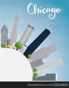 Chicago city skyline with grey skyscrapers, blue sky and copy space. Vector illustration