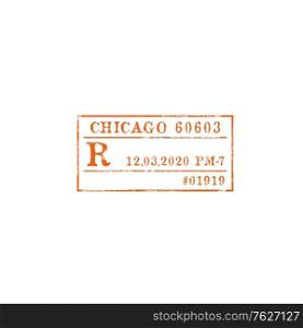 Chicago postage stamp isolated express delivery sign. Vector vintage rectangular sign of post office in USA. Rubber frame print with date and time, number of package, postal airmail service. Postage stamp of Chicago post office isolated mark