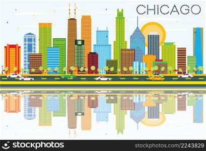 Chicago Skyline with Color Buildings and Reflections. Vector Illustration. Business Travel and Tourism Concept with Modern Architecture. Image for Presentation Banner Placard and Web Site.