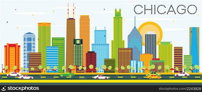 Chicago Skyline with Color Buildings. Vector Illustration. Business Travel and Tourism Concept with Modern Architecture. Image for Presentation Banner Placard and Web Site.