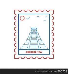 CHICHEN ITZA postage stamp Blue and red Line Style, vector illustration