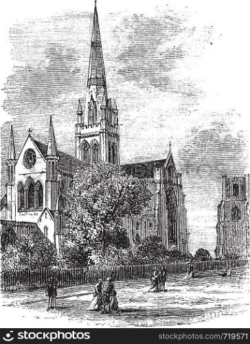 Chichester Cathedral or Cathedral Church of the Holy Trinity, in Sussex, England, during the 1890s, vintage engraving. Old engraved illustration of Chichester Cathedral.