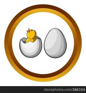 Chick in egg vector icon in golden circle, cartoon style isolated on white background. Chick in egg vector icon