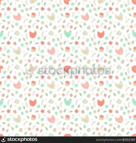 Chicken and eggs easter seamless pattern. Cute cartoon vector flat illustration. Design for Easter, packaging paper, textiles.. Chicken and eggs easter seamless pattern