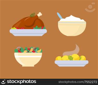 Chicken and warm potatoes, fresh salad from vegetables on plates vector icons. Holiday dishes in flat style isolated on brown. Set of colorful food. Chicken and Potatoes, Fresh Salad from Vegetables
