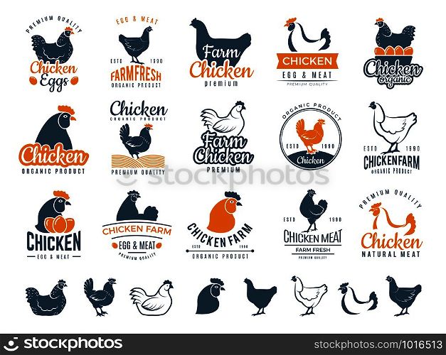 Chicken badges. Fresh farm food logotype cooking egg and bird broilers vector labels. Chicken egg and meat logotype, farm badge label illustration. Chicken badges. Fresh farm food logotype cooking egg and bird broilers vector labels