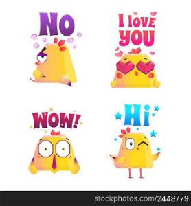 Chicken compositions set of isolated doodle characters representing different emotions with appropriate artwork and text captions vector illustration. Chicken Polygonal Sticker Set