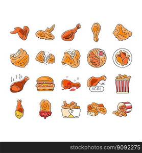 chicken crispy food meat meal icons set vector. fast delicious, wing fried, snack crunchy, leg cooked, eat tasty, dinner golden chicken crispy food meat meal color line illustrations. chicken crispy food meat meal icons set vector