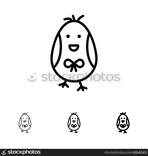 Chicken, Easter, Baby, Happy Bold and thin black line icon set