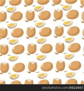 Chicken eggs whole and broken piece seamless pattern. Organic food and natural ingredients from farm. Market assortment for cooking, preparing food and dishes. Nutrition and dieting seamless pattern. Whole and broken eggshell, natural product seamless pattern