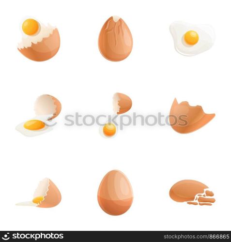 Chicken eggshell icon set. Cartoon set of 9 chicken eggshell vector icons for web design isolated on white background. Chicken eggshell icon set, cartoon style